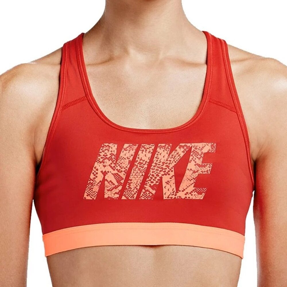 Nike Dri Fit Sports Bra Size Medium Scoop Neck Classic Logo Light Crimson Active
